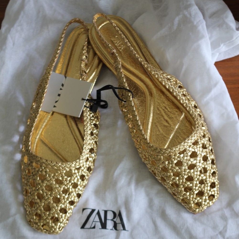 Zara Gold Woven Slingback Flats
